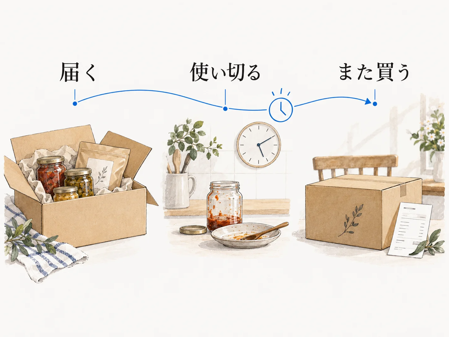 食品が届き、使い切り、また購入するまでの流れ。消費ペースと再購入のタイミングを考える。