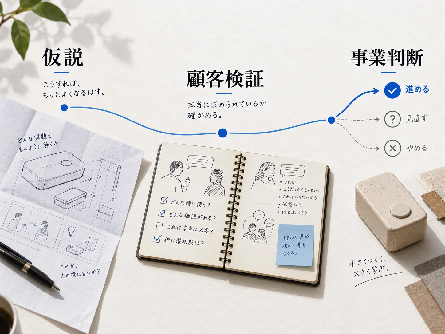 事業仮説を顧客検証で確かめ、進める・見直す・見送るの事業判断へつなぐ。