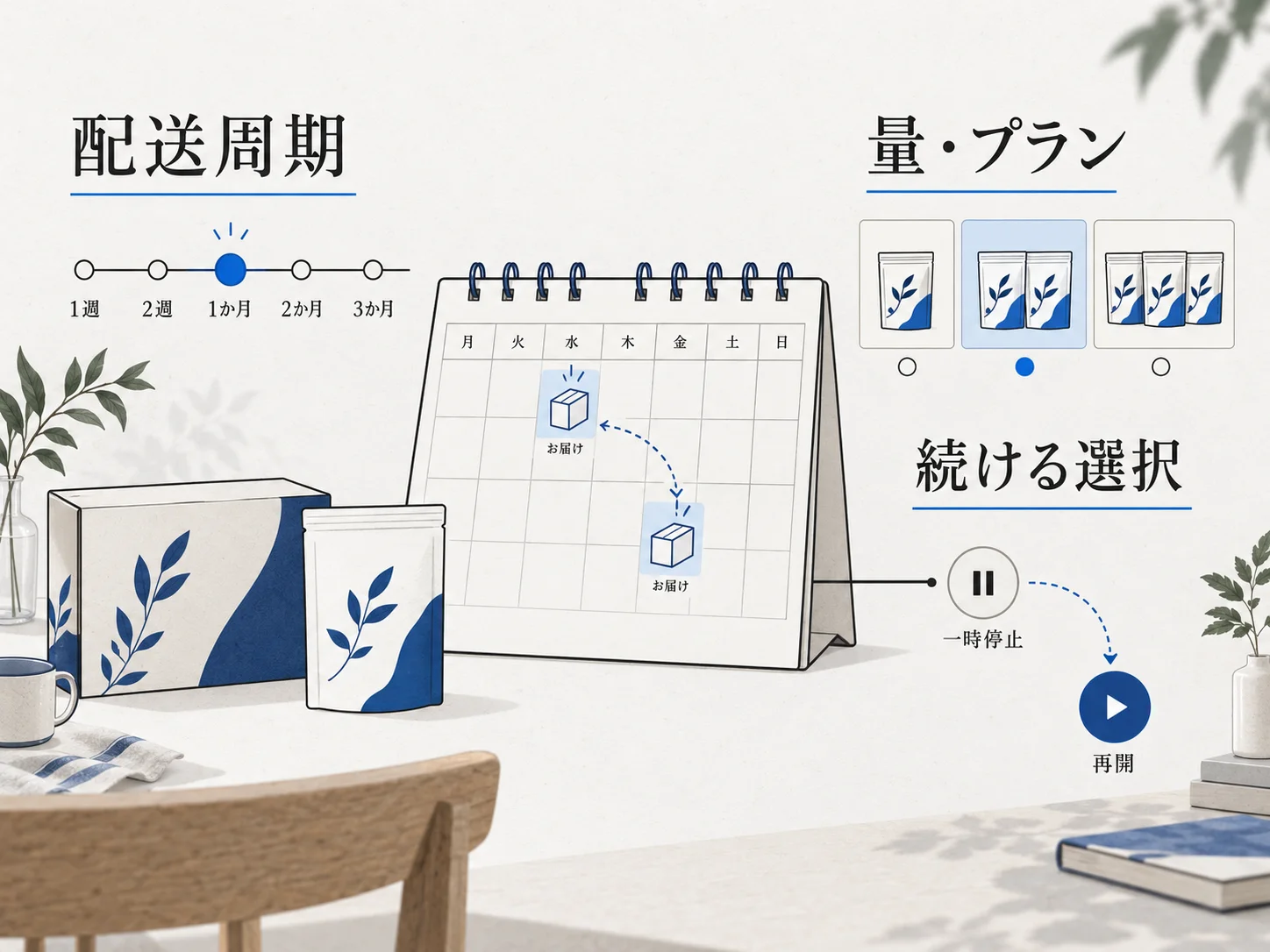 配送周期と量・プランを調整し、一時停止や再開も含めた継続の選択肢を整える。