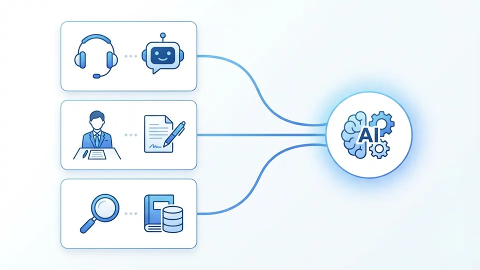 複数業務にAI活用が広がるイメージのイラスト